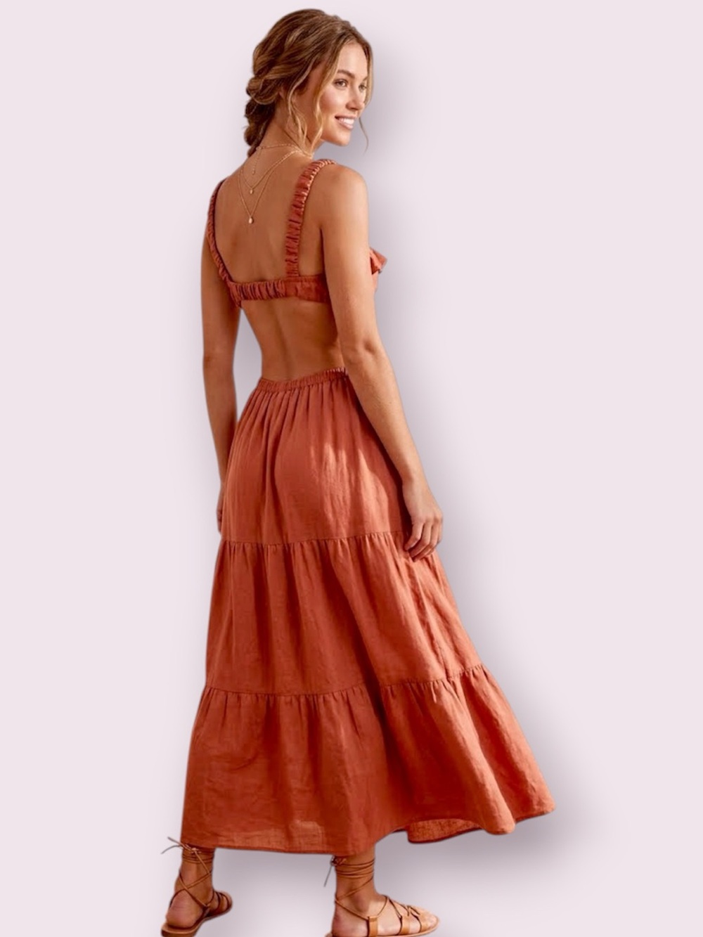 Abercrombie & Fitch Scrunchie Tiered Cutout Waist Maxi Dress Terracotta Size XL